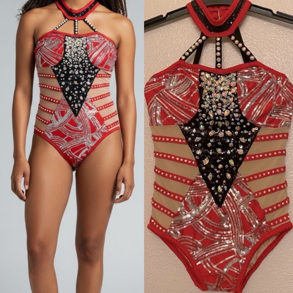 Glamour solo dance costume custom red mesh rhinestone illusion leotard MC